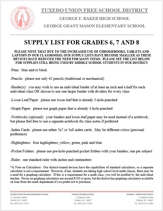 Supply List for Grades 6, 7 and 8