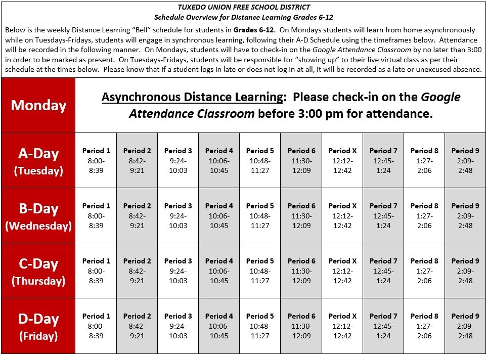 6th-12th Grade Distance Learning Bell Schedule