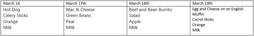 School Lunch 3/16-3/19