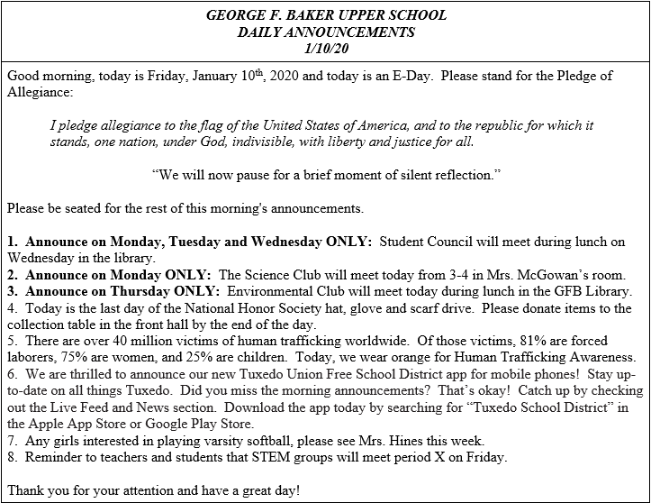 Daily Announcements 1/10/2020