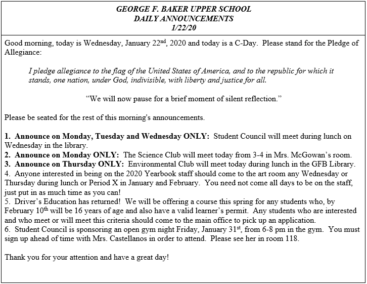 Daily Announcements 1/22/2020