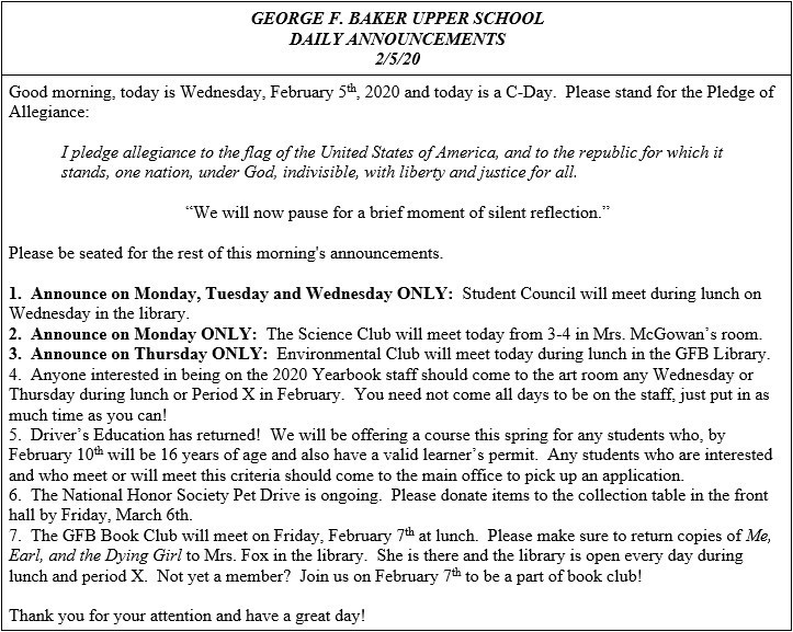 Daily Announcements 2/5/2020