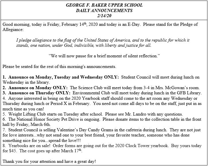 Daily Announcements 2/14/2020